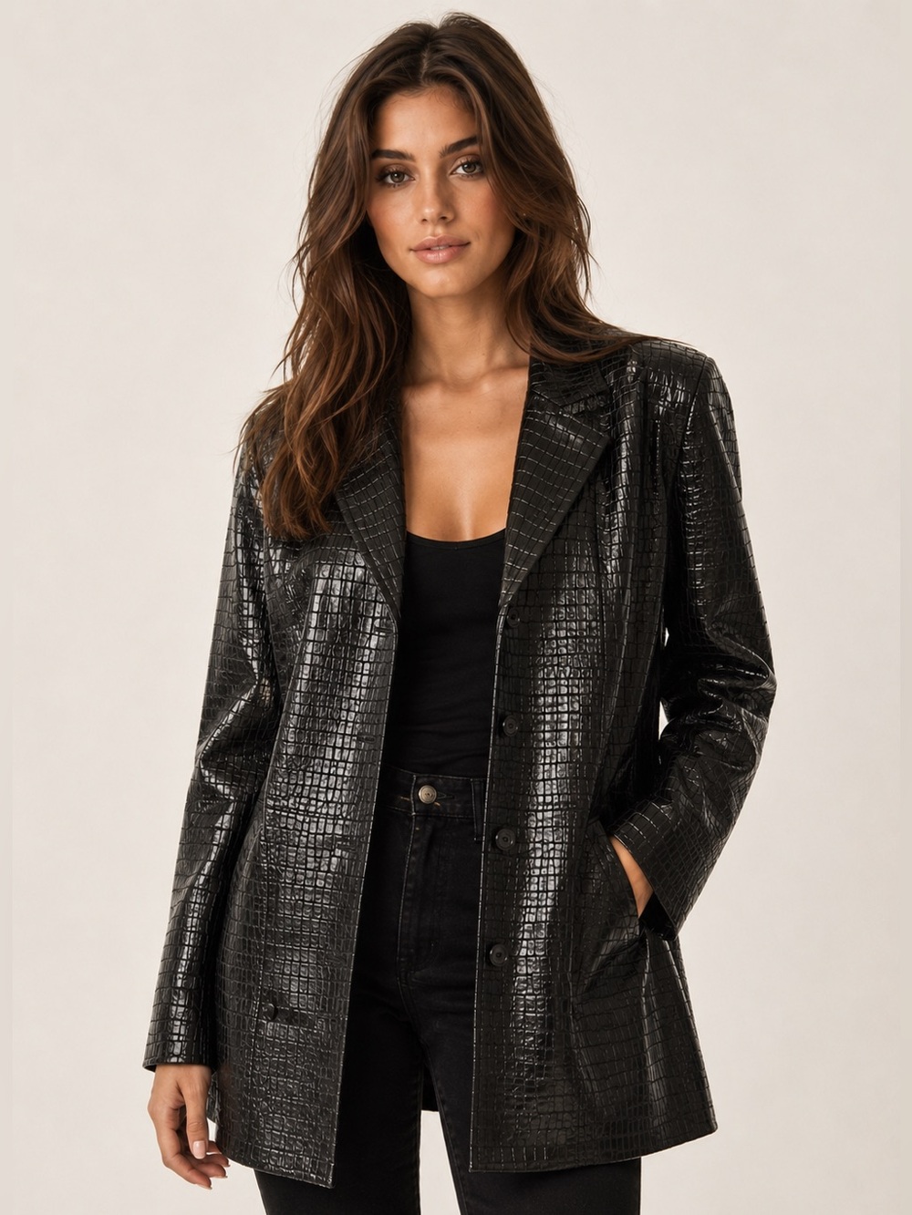 Black Croc Embossed Dialogue Leather Coat XL Vintage Quiet Luxury
